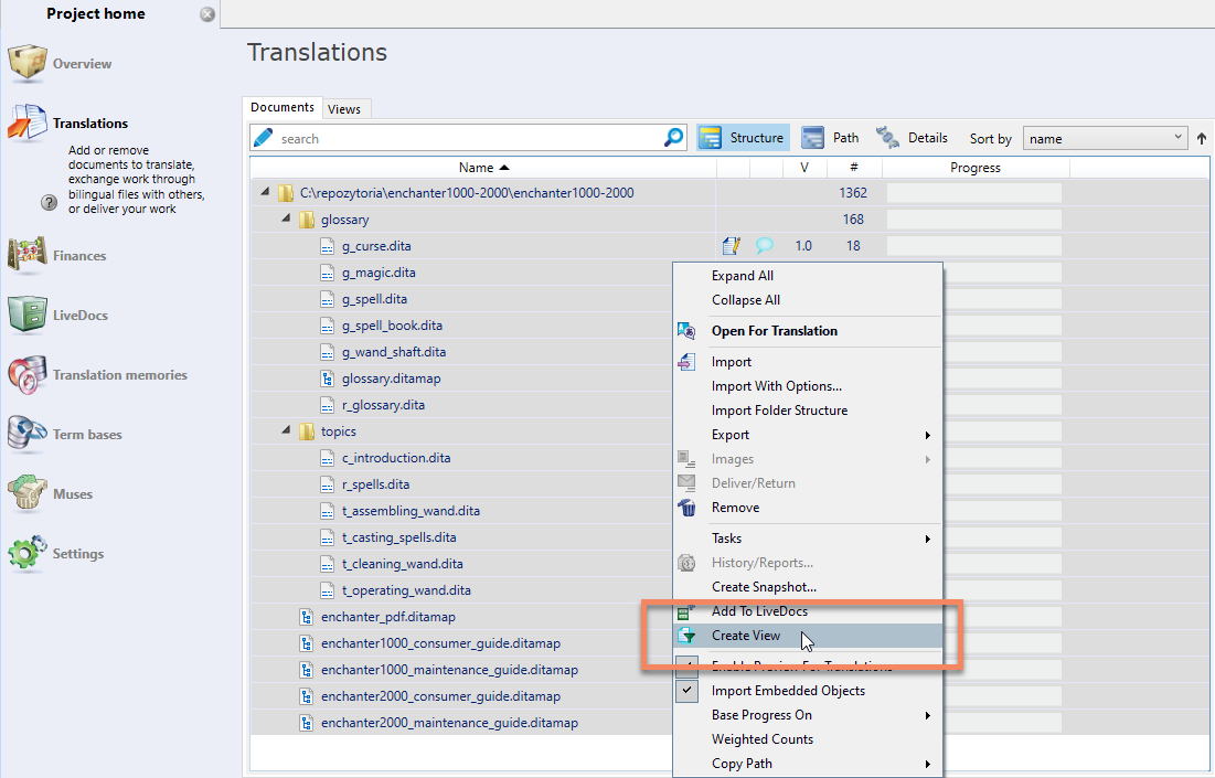 The 'Create View' option in memoQ 'Translations' screen