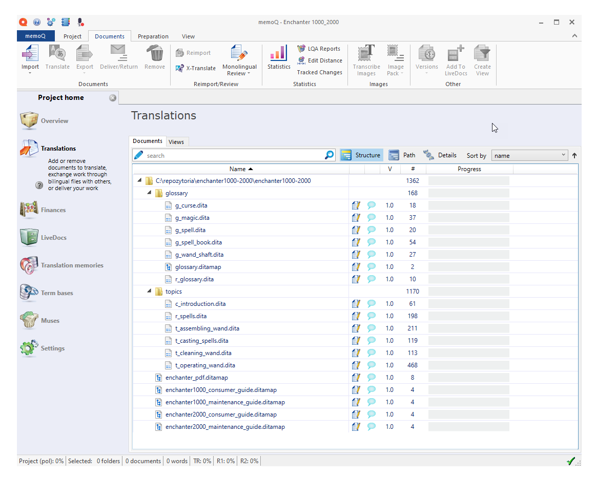 DITA project imported into memoQ