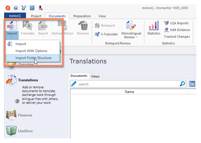 The 'Import' menu in memoQ