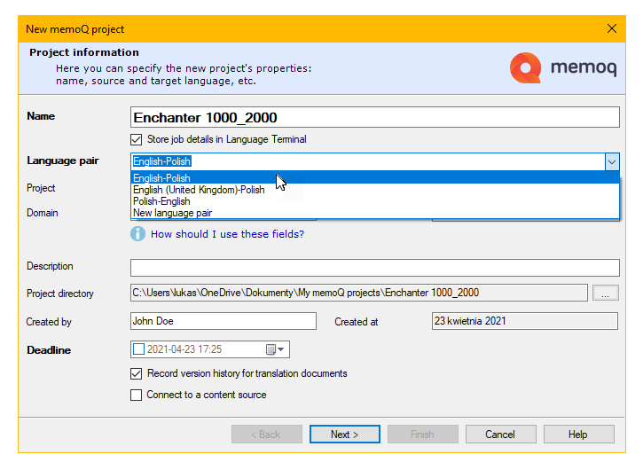 Choosing a language pair in 'New memoQ project' dialog