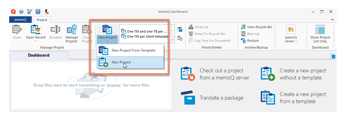 The 'New Project' menu in memoQ