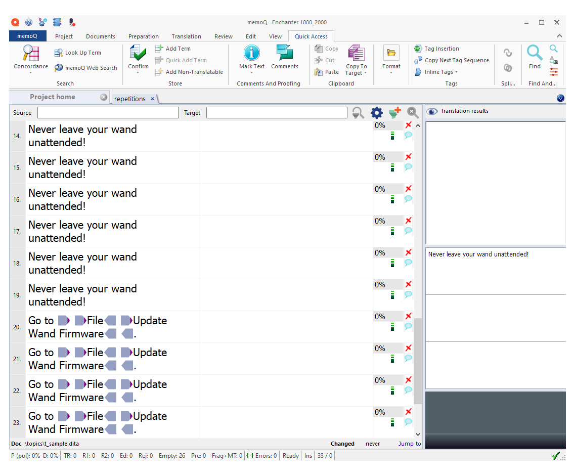 An example memoQ view containing repetitions