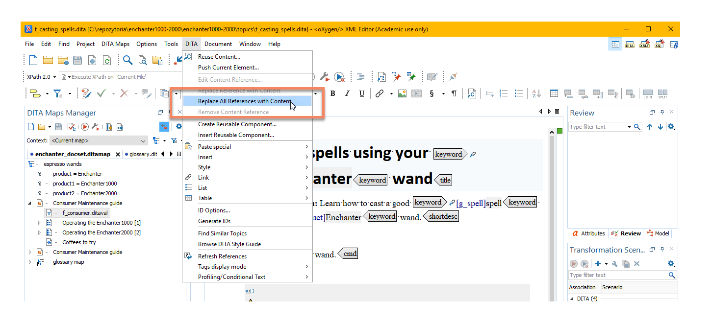 'DITA' menu in oXygen with the 'Replace All References with Content' option